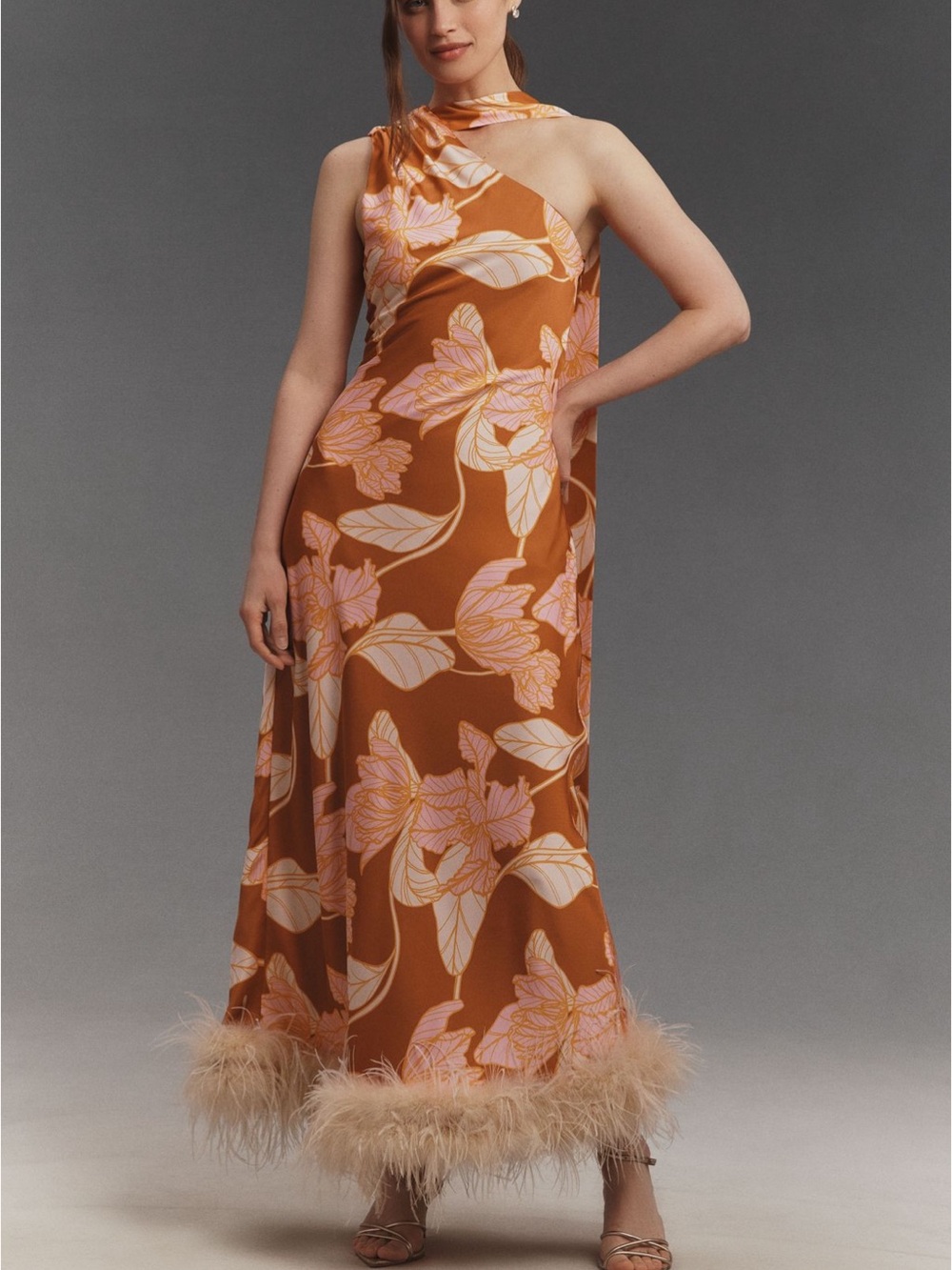Hutch Rust Floral One-Shoulder Midi Dress with Feather Hem